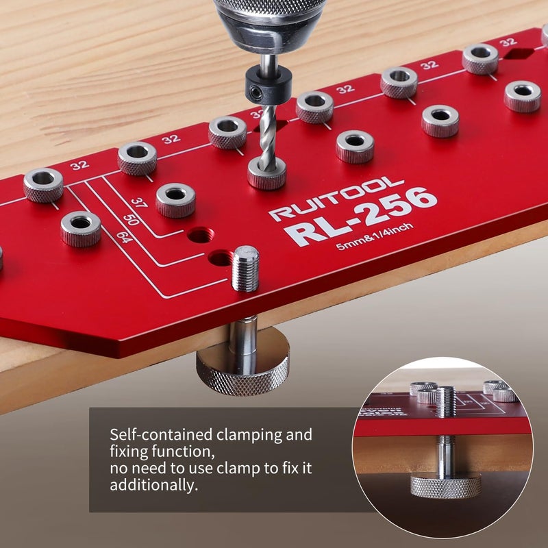 RUITOOL Shelf Pin Jig 11 Holes, Self-contained Clamping Function All Metal Shelf Pin Drilling Jig with 1/4" and 5mm Drill Bit, Shelf Hole Jig and Cabinet Hardware Jig Tool Drill Guide with Storage Bag - Image 4